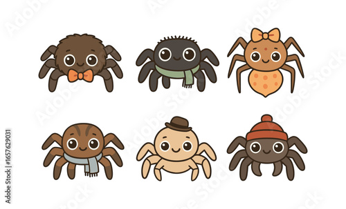 Cute cartoon spiders in fashionable accessories with adorable expressions
