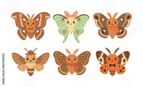 Cute cartoon moth and butterfly collection with smiling faces and accessories