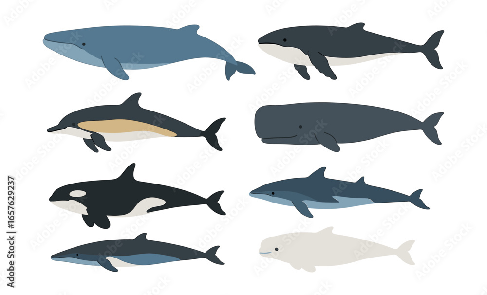 Obraz premium Diverse ocean giants collection: flat design whales and dolphins