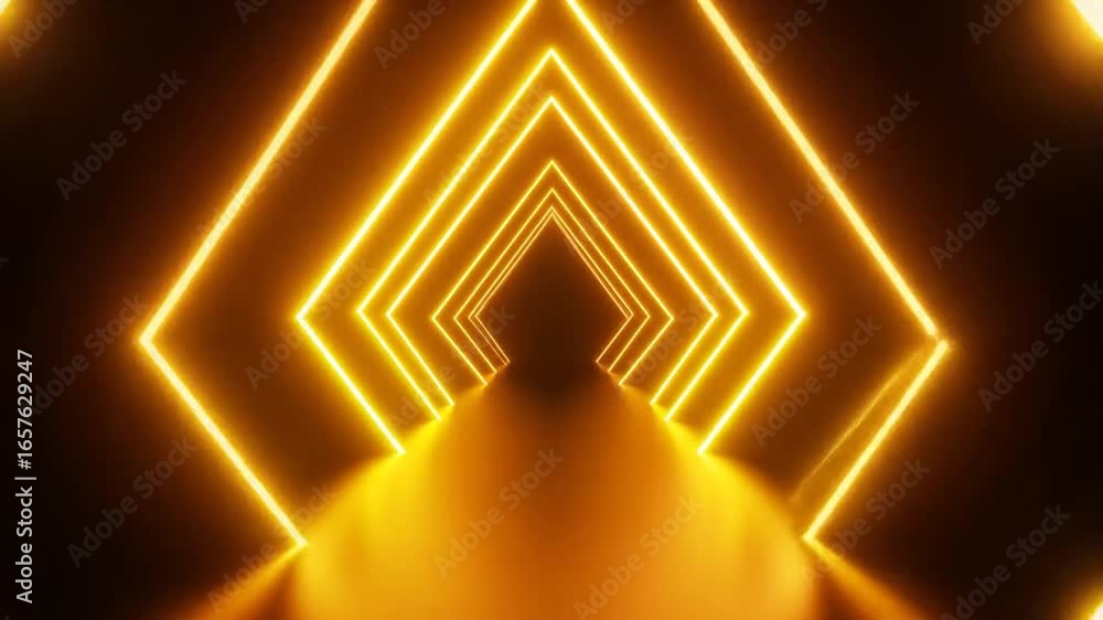 Tunnel of radiant yellow geometric light receding into darkness