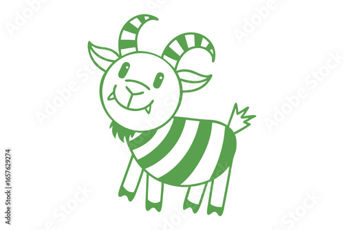 Striped green cute cartoon goat stares ahead with happy expression on a white background