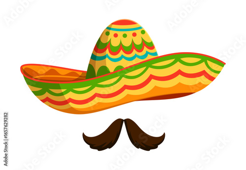 Mexican mariachi sombrero hat with mustaches for holiday fiesta, vector cartoon icon. Mexican culture art, tradition and Latin American decoration symbol of sombrero and mustaches for Mexico festival