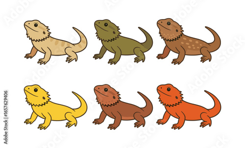 Colorful bearded dragons set on white background in flat style