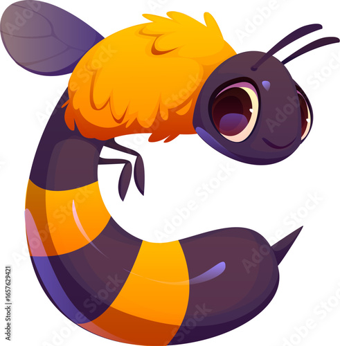 Cartoon letter C shaped like a bee with yellow orange fuzz, striped body, wings and antennae. Charming agriculture typeface, farm font, harvest type, funny English alphabet, abc typography character