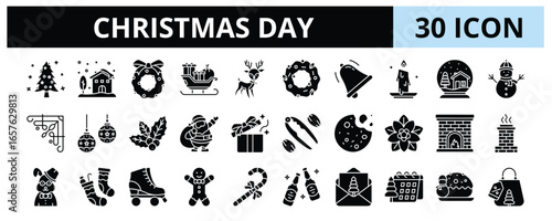 30 Christmas Day Glyph Icons Vector - Christmas Tree, Sleigh, Snowman, Santa Claus, Gift Box, Gingerbread, Holly
