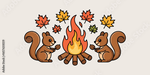 Vector art of cute cartoon squirrels roasting marshmallows over a bonfire with autumn leaves falling autumn vector clipart
