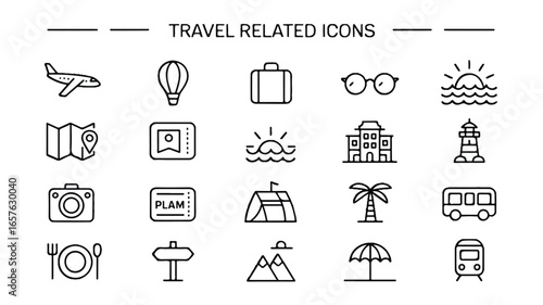 TRAVEL RELATED ICONS. Editable stroke.