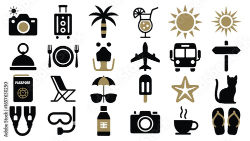 A set of 20 black and gold travel and vacation icons arranged in a grid layout.  