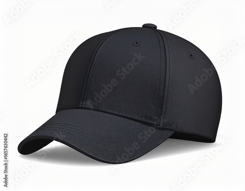 A stylish and versatile blank black baseball cap isolated on a pure white background. Ideal for fashion, sports, or as a customizable mockup template
