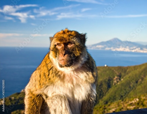 A Barbary macaque monkey sits on the Rock of Gibraltar, overlooking the stunning Mediterranean sea and distant coastline