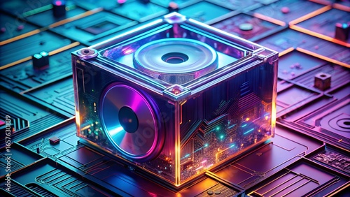 Abstract Futuristic Technology Cube with Glowing Neon Lights on a Circuit Board Background