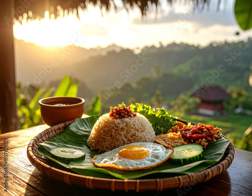 Tropical Sunrise Breakfast Feast Over Lush Green Terraced Hillsides.