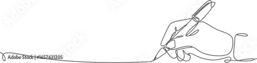 Continuous Line Art of Hand Holding Pen Writing on White Background Design