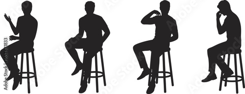 Silhouettes of people sitting on stools in various poses, ideal for creative design, stock photography, illustration, and lifestyle concepts.