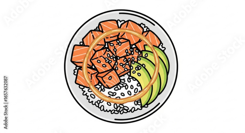 Delicious salmon poke bowl with avocado and rice healthy eating food photography and recipe ideas for dinner