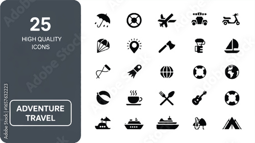 A set of 25 adventure travel icons arranged in a grid layout.