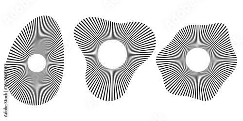 Set of concentric ripple icons with broken lines. Abstract audio wave symbols showing vibration, echo, radio signal, volume pulse, radar effect and circular sound pictogram elements.