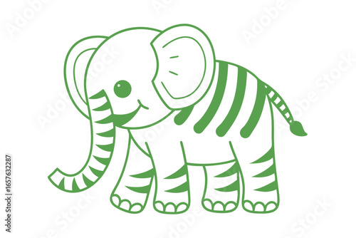 Green outline shows cartoon elephant with striped design smiling softly on solid white