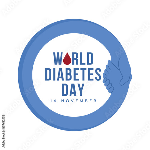 World diabetes day - Text with drop blood in blue ring circle hand hold hand symbol vector design