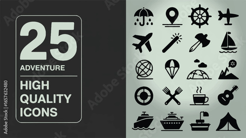 A set of 25 adventure travel icons arranged in a grid layout.