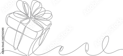 Continuous line drawing of gift box present with bow on transparent background