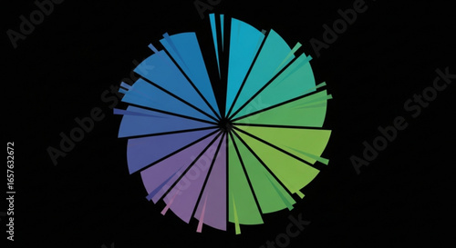 Abstract radial gradient design with circular segments in blue green and purple colors on black background