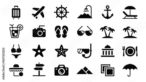 A set of 25 black and white travel and vacation icons arranged in a 5x5 grid on a white background. 