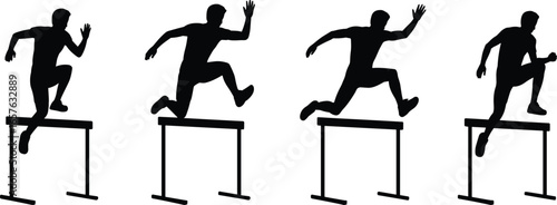 Silhouette of athlete jumping hurdle, track and field sportsman in action, running competition, isolated vector illustration, fitness training, Olympic concept design.
