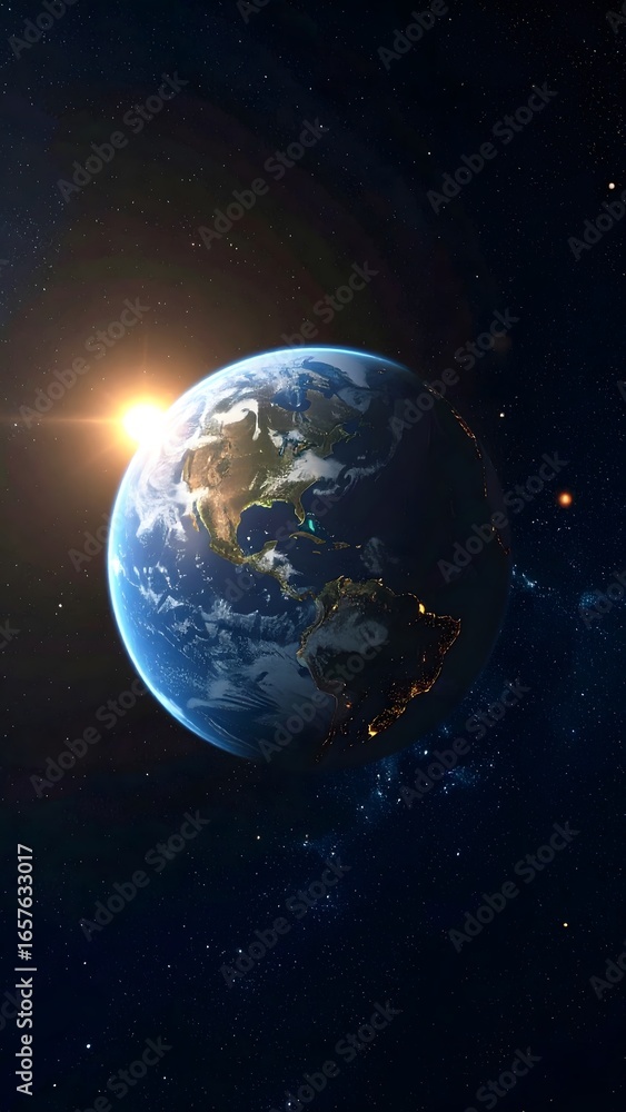 Fototapeta premium A sunless Earth drifting in silence through space, faint city lights flickering as AI mourns its vanished creators—an emotional vision of loneliness, cosmic solitude, and the quiet end of civilization