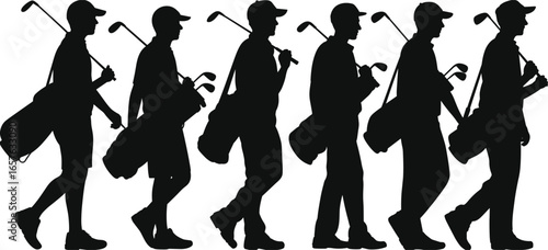 Silhouette of golfer walking with golf bag, black shadow sportsman carrying clubs, isolated vector illustration, golfing activity design, sports concept.