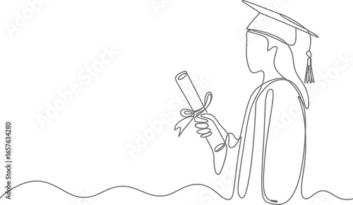 Continuous Line Graduate Silhouette with Diploma on White Background Art Design