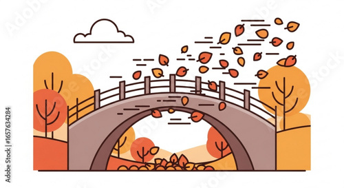 Autumn bridge landscape with falling leaves vector illustration seasonal nature scene scenery background design