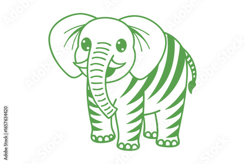 Simple green cartoon elephant illustration smiling with big ears and striped body