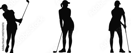 Silhouette of female golfer, swinging club, standing pose, black vector illustration, sportswoman, golf player, athletic woman, outdoor sport, training.