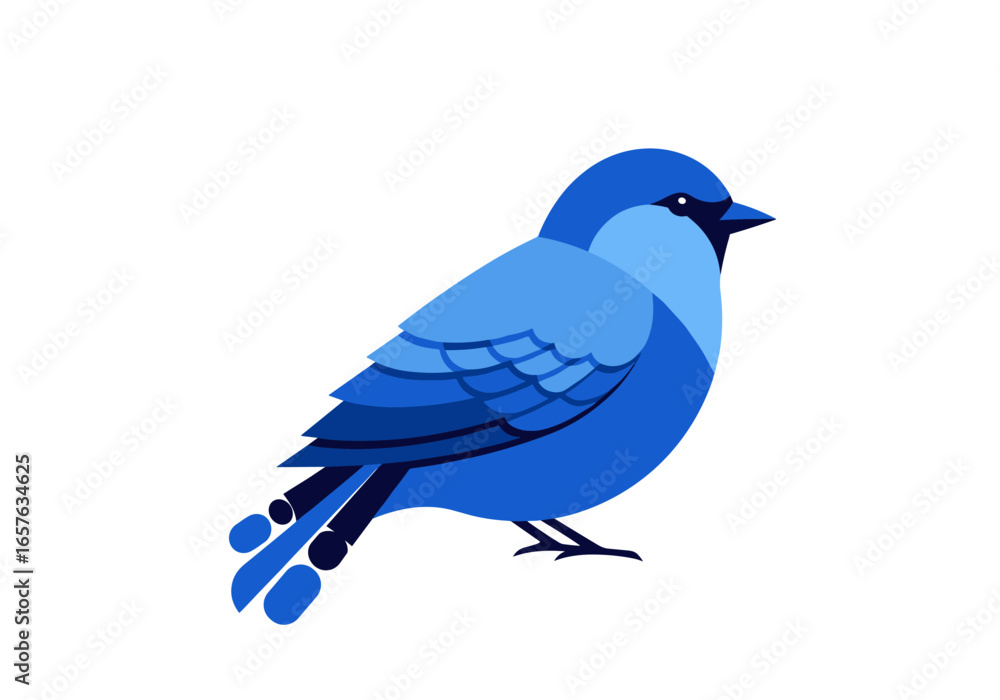 Fototapeta premium A small blue bird with feathers of various shades sitting on a white background