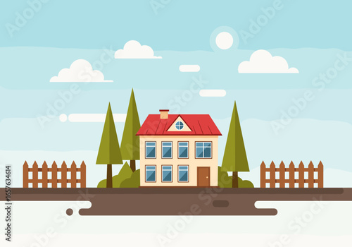 Charming suburban home surrounded by lush green trees and a blue sky with fluffy white clouds