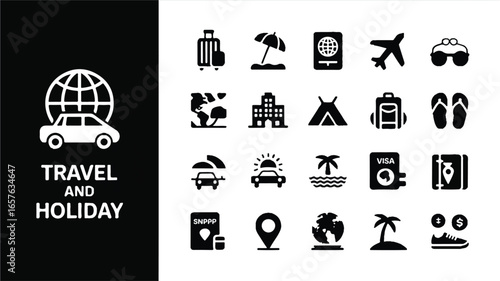 A set of black and white travel and holiday icons arranged in two rows against a white background.