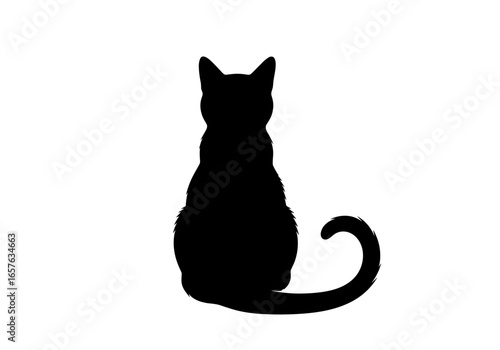 Mysterious black cat silhouette sitting gracefully with a curled tail on a white background capturing its elegant profile and enigmatic aura
