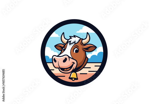 Happy brown cow wearing a bell in a circle against a blue sky and clouds background