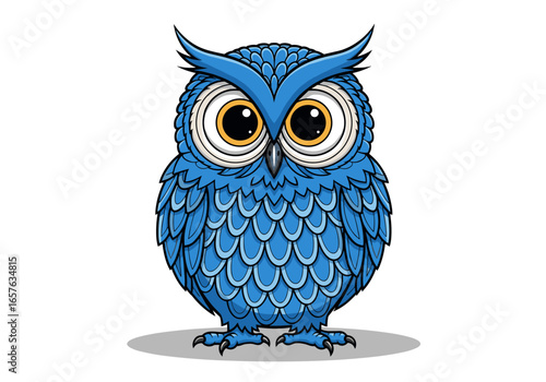 Whimsical blue owl illustration with large expressive eyes and textured feathers sitting staring forward
