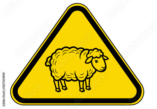 Cautionary yellow triangle symbol featuring a simple stylized illustration of a sheep facing right with black outline and bold black border