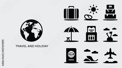 A set of black and white travel and holiday icons arranged in two rows against a white background.
