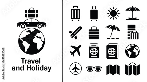 A set of black and white travel and holiday icons arranged in two rows against a white background.