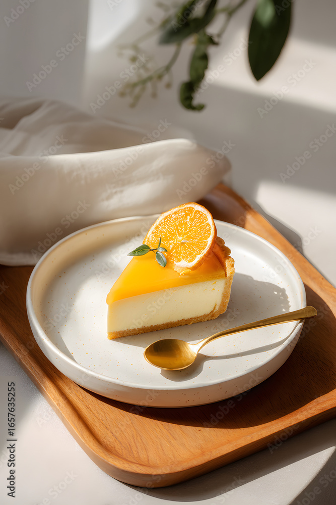 Fototapeta premium 시트러스 치즈 타르트와 골드 스푼