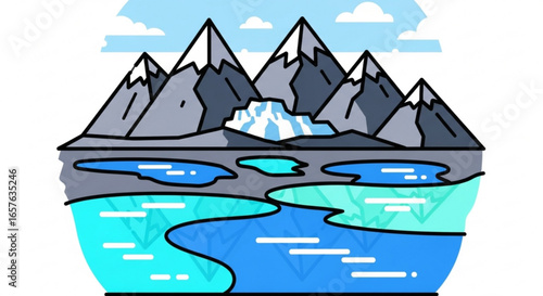 Mountain landscape with glacier and lakes illustration scenic nature outdoor environment vector graphic design
