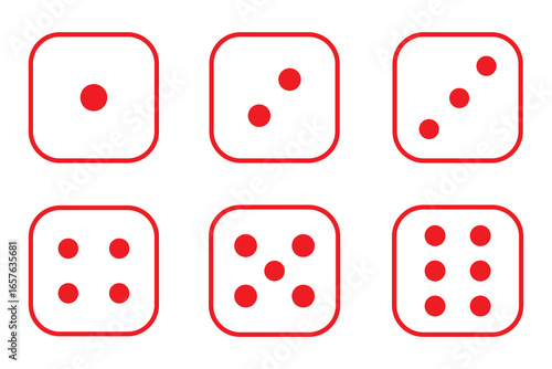 Minimalist Dice Vector Icon Set – Red and White Outline.