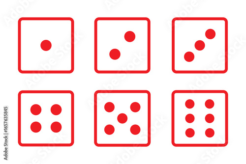 Minimalist Dice Vector Icon Set – Red and White Outline.