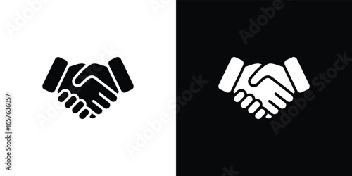 Two handshake icons one black one white on contrasting backgrounds