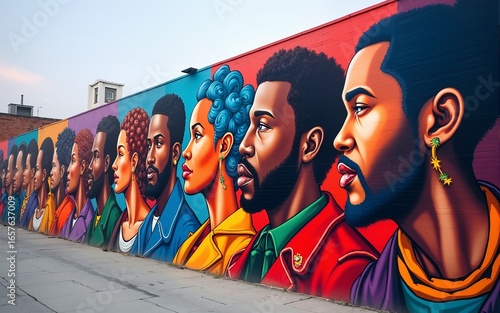 large mural on a city wall painted during Black Awareness Day, featuring important figures in African and diaspora history, bright colors and symbols of strength and unity, Ai generated images