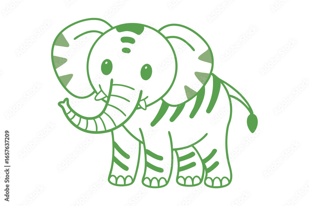 Fototapeta premium Playful cartoon elephant with a delightful green outline playfully elevates its trunk